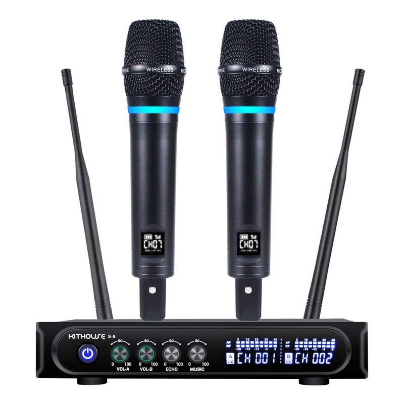 Kithouse نظام ميكروفون لاسلكي قابل لإعادة الشحن Kithouse S9 UHF مع ميكروفون كاريوكي لاسلكي مزدوج مع صندوق مستقبل بلوتوث + تحكم في مستوى الصوت ECHO للغناء في الكاريوكي والخطابات والاجتماعات والكنيسة، 200 قدم - Image 1